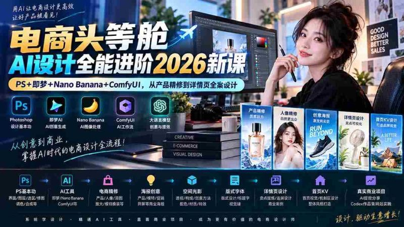 (20284期)电商头等舱AI设计全能进阶2026新课:PS+即梦+Nano Banana+ComfyUI,从产品精修到详情页全案设计-有道网创