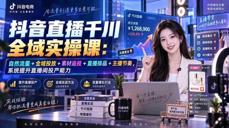 （20339期）抖音直播千川全域实操课：自然流量+全域投放+素材追投+直播排品+主播节奏，系统提升直播间投产能力-有道网创