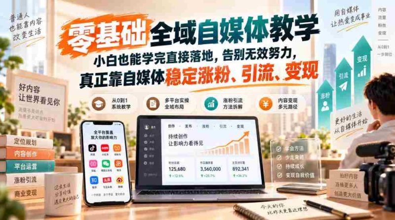 零基础全域自媒体教学,小白也能学完直接落地,告别无效努力,真正靠自媒体稳定涨粉、引流、变现-有道网创