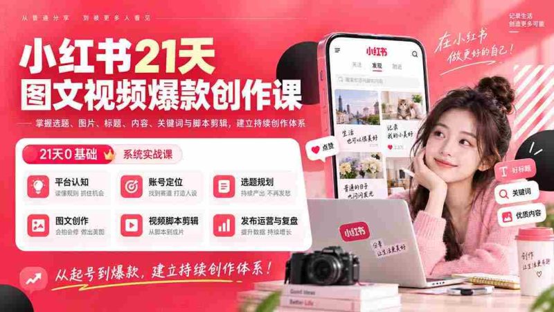 (20341期)小红书21天图文视频爆款创作课:掌握选题、图片、标题、内容、关键词与脚本剪辑,建立持续创作体系-有道网创