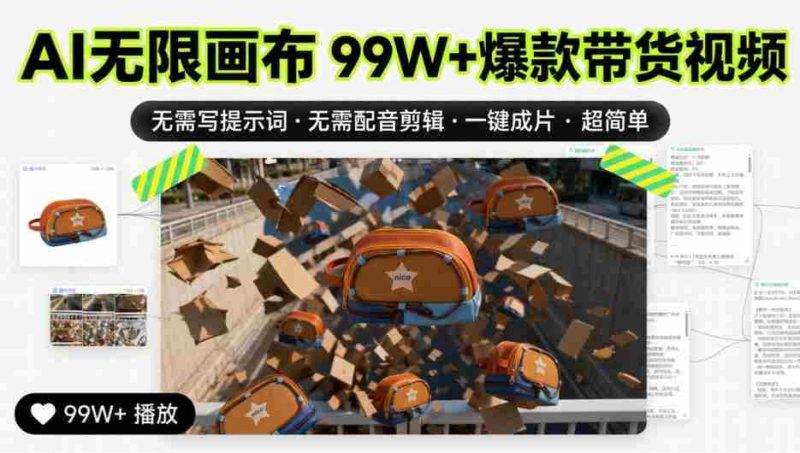 AI无限画布99W+爆款带货视频,无需写提示词·无需配音剪辑·一键成片·超简单-有道网创