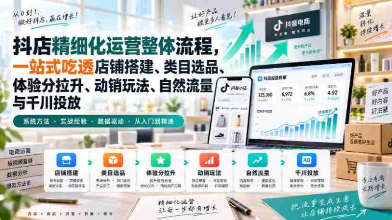 李哥电商-抖店精细化运营整体流程,一站式吃透店铺搭建、类目选品、体验分拉升、动销玩法、自然流量与千川投放-有道网创