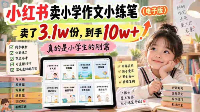 小红书卖小学作文小练笔(电子版),卖了3.1w份,到手10w+,真的是小学生的刚需-有道网创