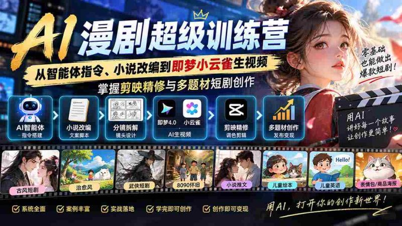 AI漫剧超级特训营:从智能体指令、小说改编到即梦小云雀生视频,掌握剪映精修与多题材短剧创作-有道网创
