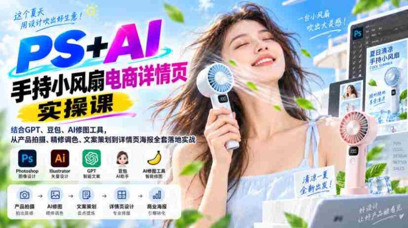 PS+AI手持小风扇电商详情页实操课｜结合GPT、豆包、AI修图工具，从产品拍摄、精修调色、文案策划到详情页海报全套落地实战-有道网创