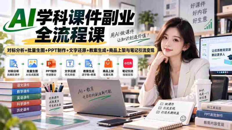 AI学科课件副业全流程课|对标分析+批量生图+PPT制作+文字还原+教案生成+商品上架与笔记引流变现-有道网创