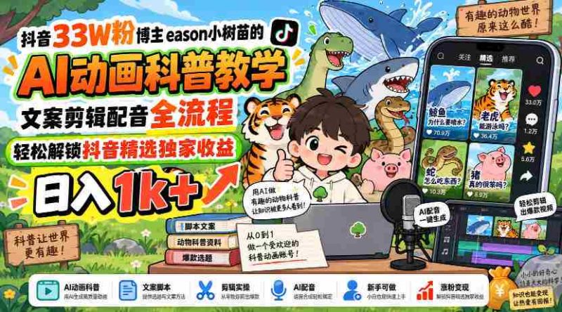 揭秘抖音热门博主eason小树苗:AI动画教学全攻略,文案剪辑配音一网打尽,轻松赚取日入过千!-有道网创