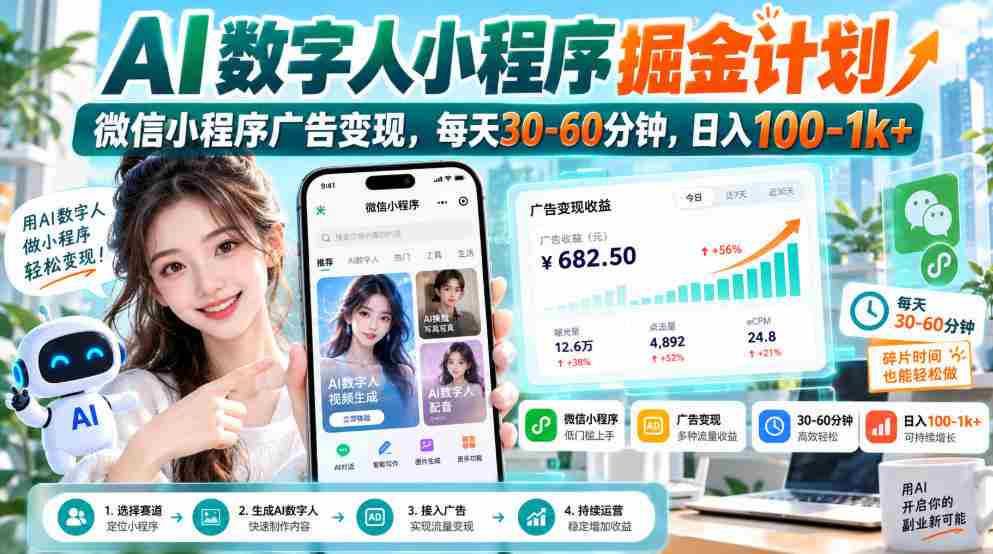 无需水印】AI数字人小程序掘金攻略：微信广告变现，仅需半小时，日赚百元起-有道网创