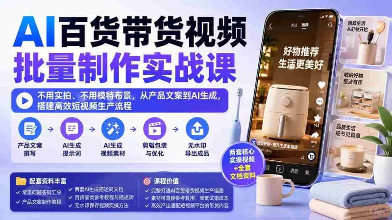 （20179期）AI百货带货视频批量制作实战课：不用实拍、不用模特布景，从产品文案到AI生成，搭建高效短视频生产流程-有道网创