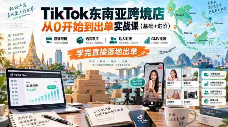 TikTok东南亚跨境店从0开始到出单实战课(基础+进阶),店铺搭建、选品发货、达人对接、GMV投流,学完直接落地出单-有道网创