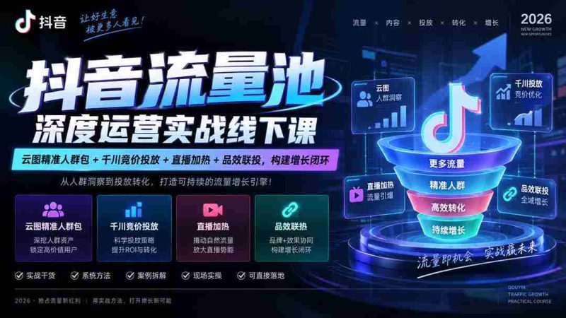 抖音流量池深度运营实战线下课｜云图精准人群包+千川竞价投放+直播加热+品效联投，构建增长闭环-有道网创
