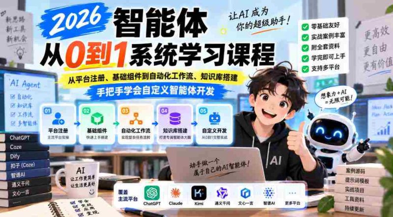 2026年全新智能体编程课程,助你从零基础入门,涵盖平台注册、组件搭建、工作流自动化与知识库构建,一对一指导,轻松掌握智能体定制开发技巧-有道网创