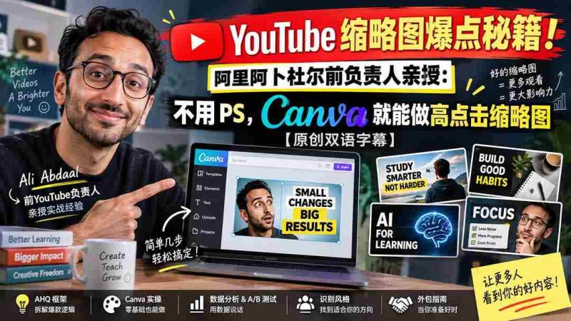 YouTube 缩略图爆点秘籍!阿里阿卜杜尔前负责人亲授:不用 PS,Canva 就能做高点击缩略图【原创双语字幕】-有道网创