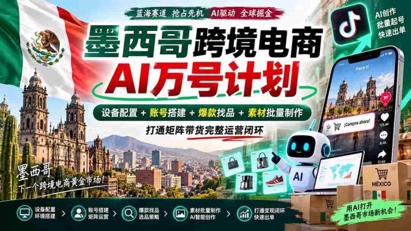 墨西哥AI跨境电商万号战略:全链路配置设备,构建账号,挖掘爆款,批量生成素材,实现矩阵带货全面运营-有道网创