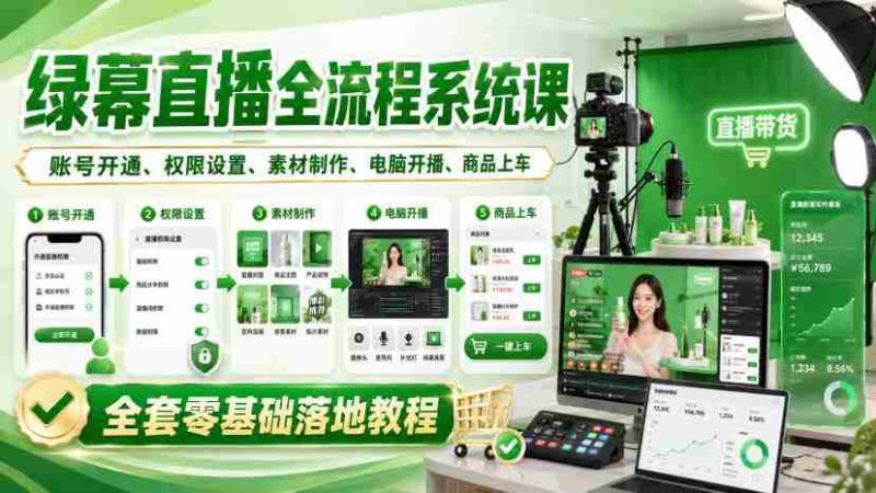 绿幕直播全流程系统课,账号开通、权限设置、素材制作、电脑开播、商品上车全套零基础落地教程-有道网创