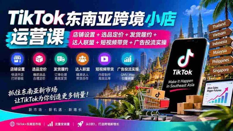 TikTok东南亚跨境小店运营课：店铺设置+选品定价+发货履约+达人联盟+短视频带货+广告投流实操-有道网创