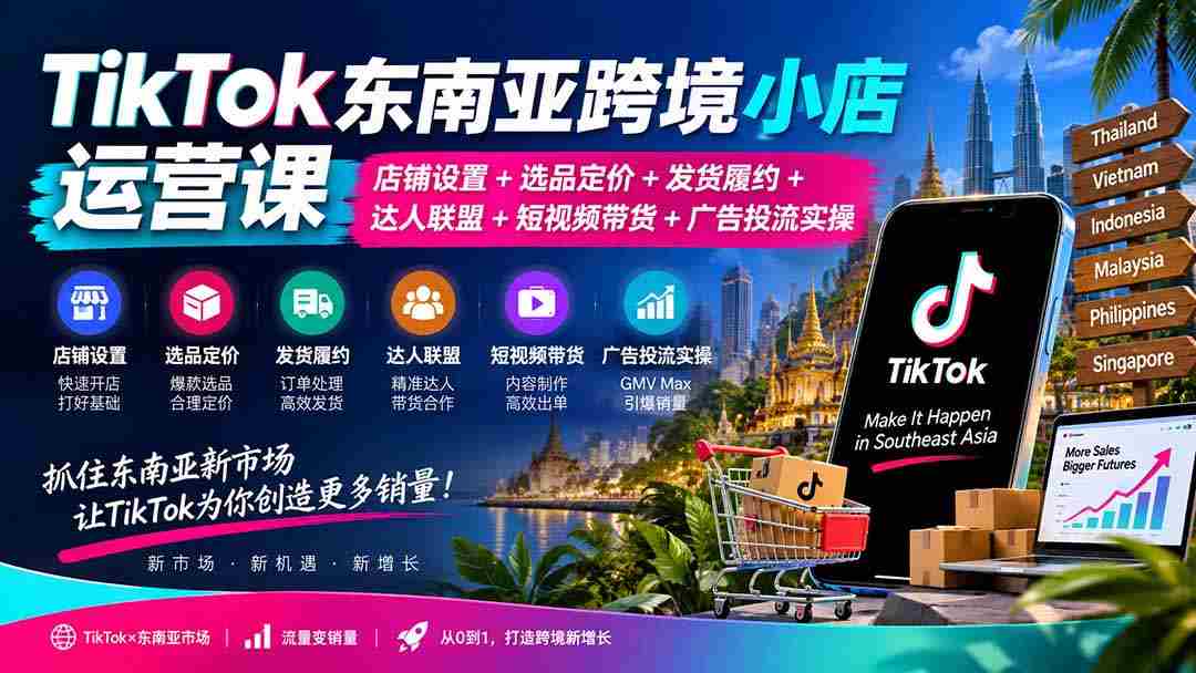 TikTok东南亚跨境小店运营课：店铺设置+选品定价+发货履约+达人联盟+短视频带货+广告投流实操-有道网创