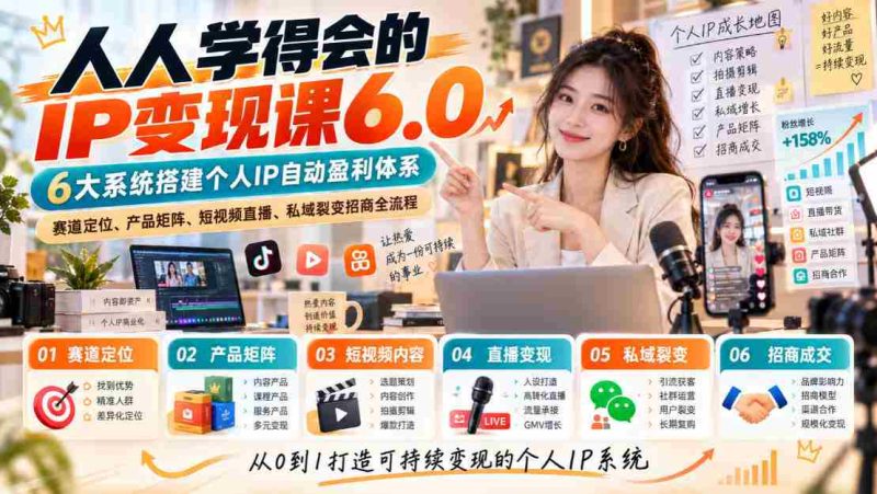 揭秘:无需高深技能的IP变现攻略6.0版,构建六大盈利系统,精准定位赛道,打造产品矩阵,短视频与直播引流,私域裂变招商一步到位-有道网创