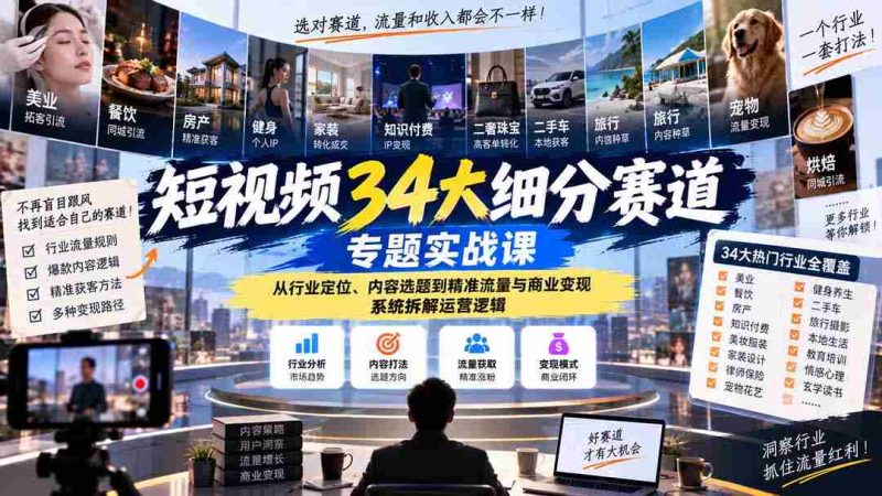 揭秘短视频34个热门领域实战攻略:深入剖析行业定位、内容策划、流量获取与商业转化,全方位解析运营策略-有道网创