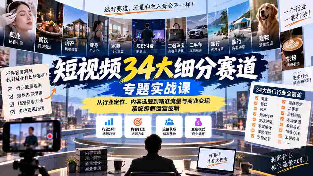 揭秘短视频34个热门领域实战攻略：深入剖析行业定位、内容策划、流量获取与商业转化，全方位解析运营策略-有道网创