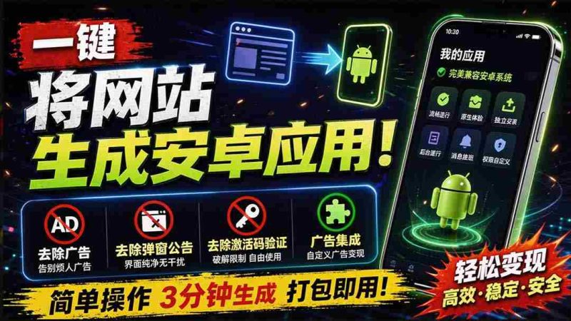 (20305期)目前最好用,一键将网站生成安卓应用!支持去除广告、弹窗公告、激活码验证、广告集成等 web-to-app-有道网创
