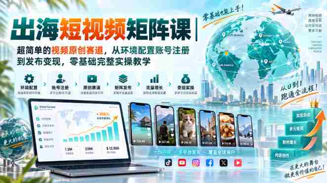 出海短视频矩阵课｜超简单的视频原创赛道，从环境配置账号注册到发布变现，零基础完整实操教学-有道网创