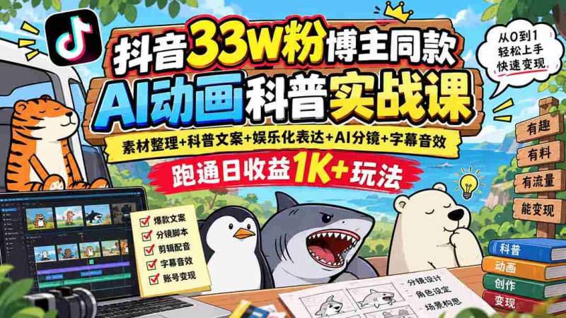 揭秘抖音33万粉丝大V独家AI动画教学:从素材到文案,娱乐表达,AI分镜,字幕音效全攻略,轻松实现日入过千!-有道网创