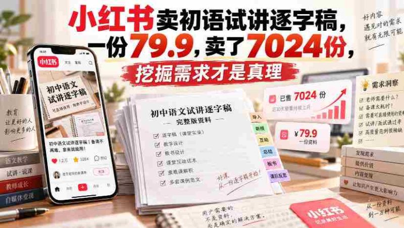 小红书卖初语试讲逐字稿，一份79.9，卖了7024份，挖掘需求才是真理-有道网创
