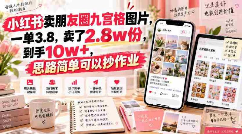 小红书卖朋友圈九宫格图片,一单3.8,卖了2.8w份,到手10w+,思路简单可以抄作业-有道网创