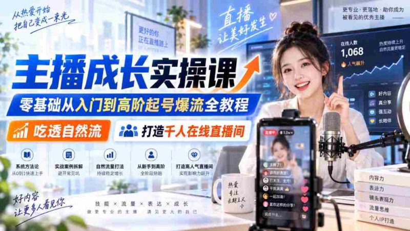 主播成长实操课|零基础从入门到高阶起号爆流全教程,吃透自然流,打造千人在线直播间-有道网创