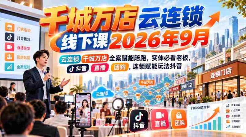 2026年9月千城万店云连锁盛大启航,线上线下课程赋能全面升级,实体老板必学!抖音直播、团购,揭秘云连锁运营精髓-有道网创