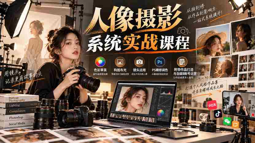深度解析】人像摄影全攻略：色彩美学、构图布光技巧、镜头操作秘籍，PS后期精修调色，作品创作与自媒体运营一网打尽-有道网创