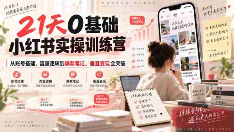 21天0基础小红书实操训练营|从账号搭建、流量逻辑到爆款笔记、垂直变现全突破-有道网创