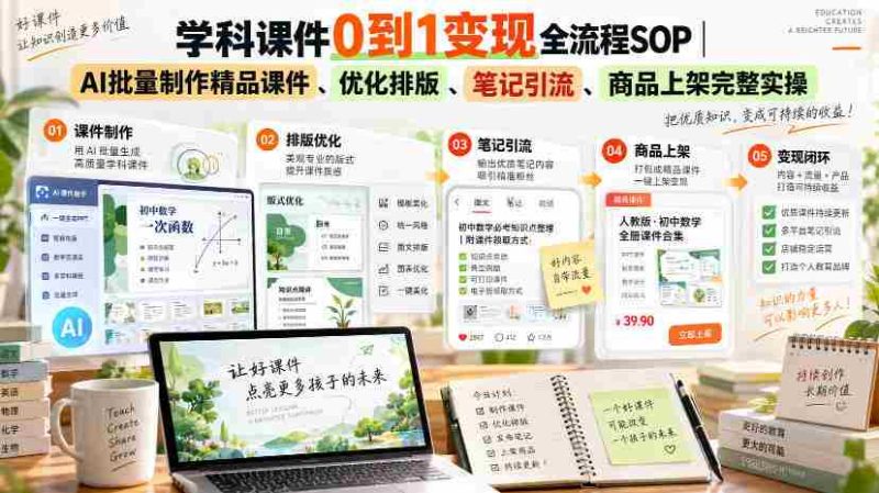 学科课件0到1变现全流程SOP|AI批量制作精品课件、优化排版、笔记引流、商品上架完整实操-有道网创