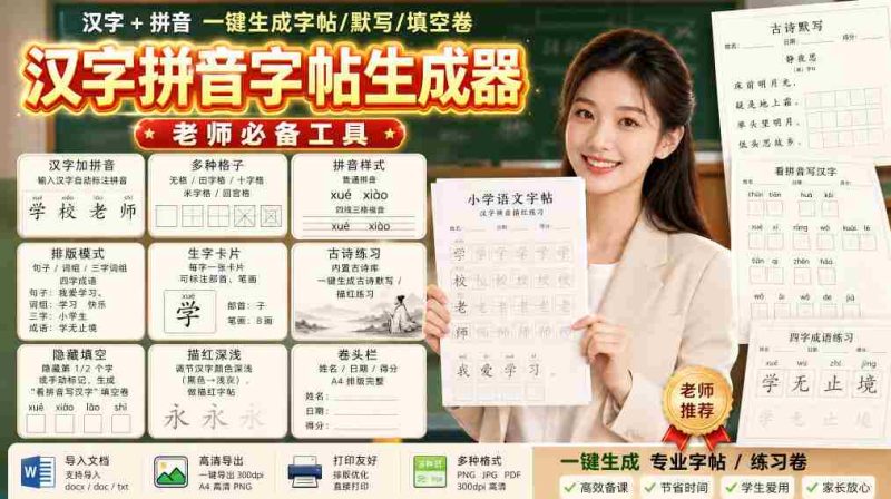 学习神器,汉字拼音字帖生成器,汉字+拼音 一键生成字帖/默写/填空卷,支持词组、成语,老师、家长必备-有道网创