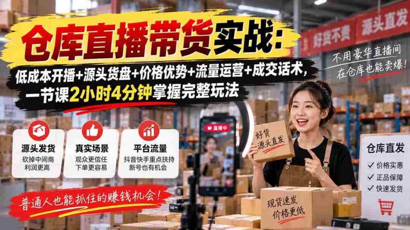 仓库直播带货实战:低成本开播+源头货盘+价格优势+流量运营+成交话术,一节课2小时4分钟掌握完整玩法-有道网创