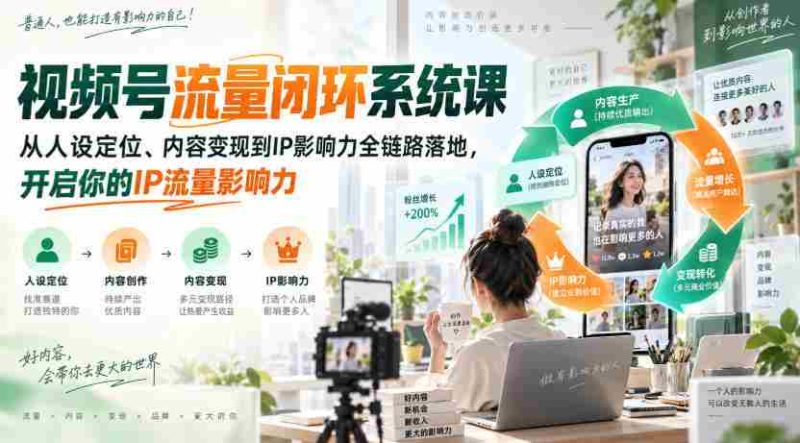 视频号流量闭环系统课,从人设定位、内容变现到IP影响力全链路落地,开启你的IP流量影响力-有道网创