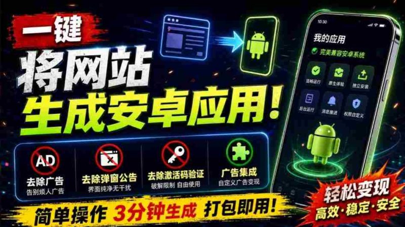 目前最好用,一键将网站生成安卓应用!支持去除广告、弹窗公告、激活码验证、广告集成等web-to-app-有道网创