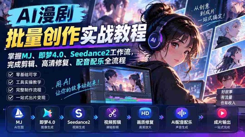 AI漫剧批量创作实战教程:掌握MJ、即梦4.0、Seedance2工作流,完成剪辑、高清修复、配音配乐全流程-有道网创