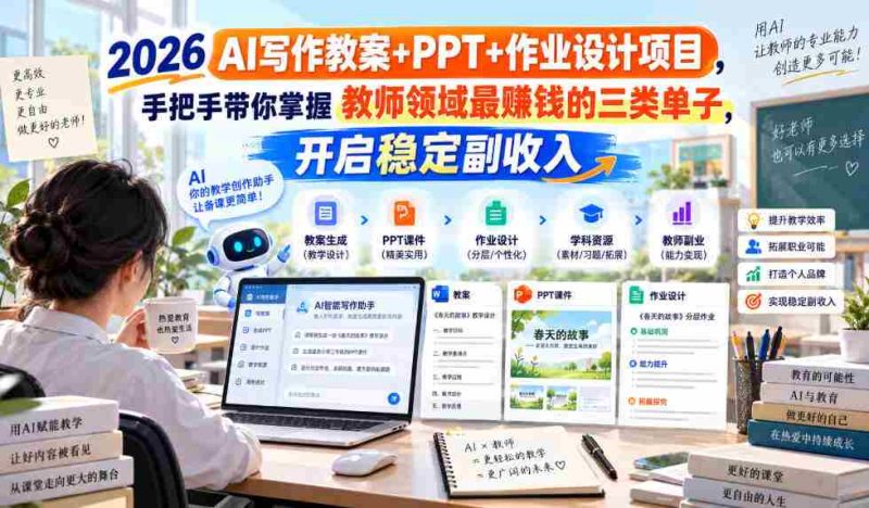 2026 AI写作教案+PPT+作业设计项目,手把手带你掌握教师领域最賺钱的三类单子,开启稳定副收入-有道网创
