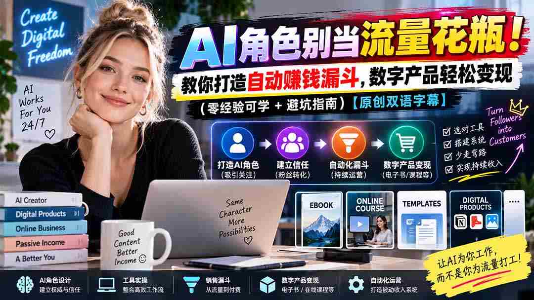 AI角色别当流量花瓶！教你打造自动赚钱漏斗，数字产品轻松变现（零经验可学+避坑指南）【原创双语字幕】-有道网创