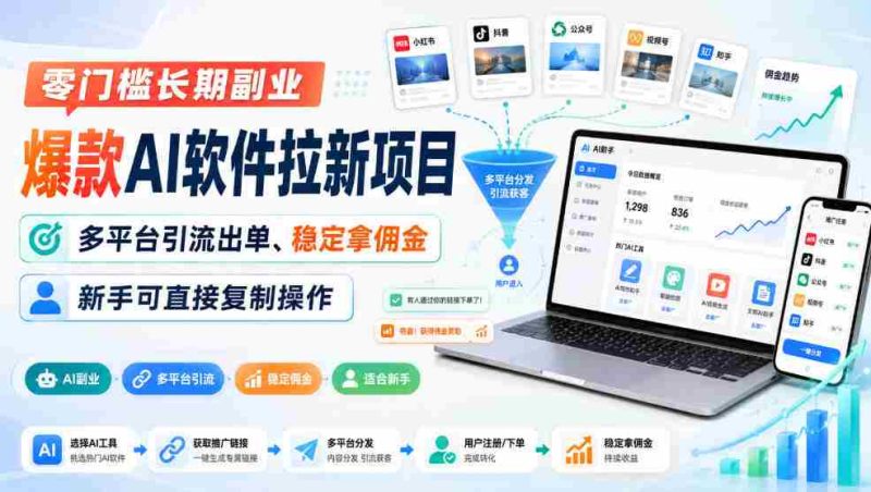零门槛长期副业,爆款AI软件拉新项目,多平台引流出单、稳定拿佣金,新手可直接复制操作-有道网创