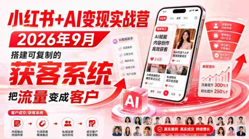 小红书+AI变现实战营2026年9月,搭建可复制的获客系统,把流量变成客户!-有道网创