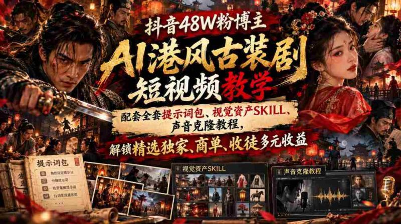 揭秘抖音48万粉丝博主AI港风古装剧短视频制作秘籍：附赠提示词包、视觉素材技巧、声音克隆指南，畅享精选收益、商业合作、收徒多重盈利-有道网创