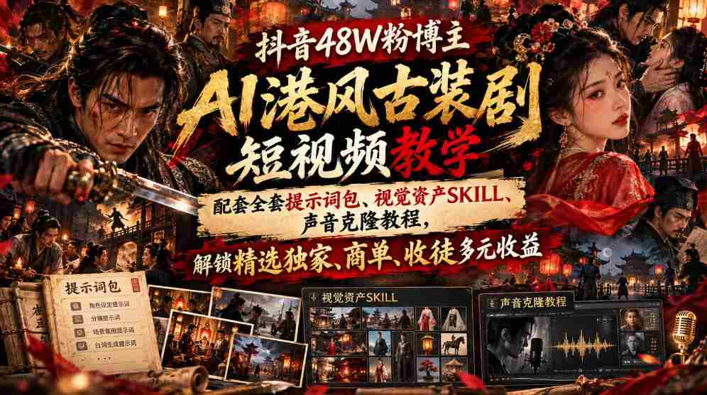 揭秘抖音48万粉丝博主AI港风古装剧短视频制作秘籍：附赠提示词包、视觉素材技巧、声音克隆指南，畅享精选收益、商业合作、收徒多重盈利-有道网创