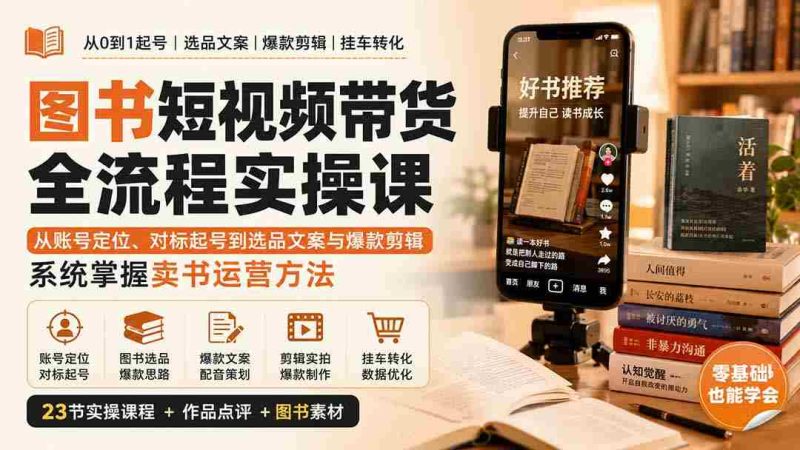 (20239期)图书短视频带货全流程实操课:从账号定位、对标起号到选品文案与爆款剪辑,系统掌握卖书运营方法-有道网创