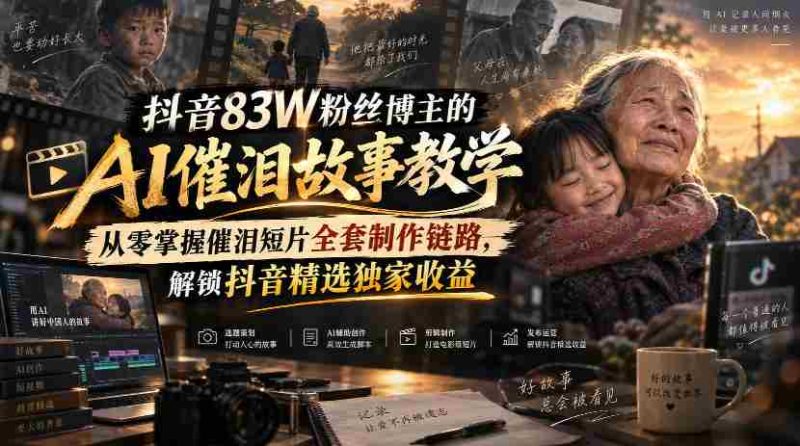抖音83W粉丝博主的AI催泪故事教学，从零掌握催泪短片全套制作链路，解锁抖音精选独家收益-有道网创
