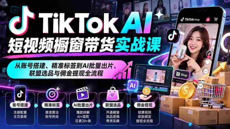 TikTok AI短视频橱窗带货实战课:从账号搭建、精准标签到AI批量出片、联盟选品与佣金提现全流程-有道网创