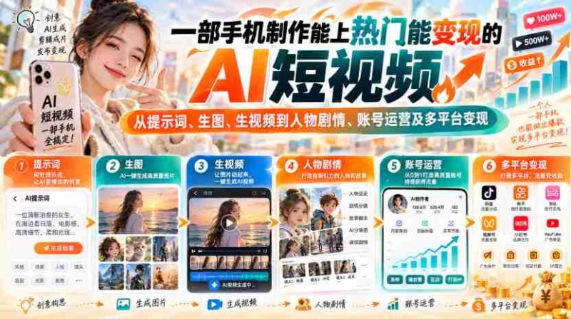 【无水印】一部手机制作能上热门能变现的AI短视频,从提示词、生图、生视频到人物剧情、账号运营及多平台变现-有道网创