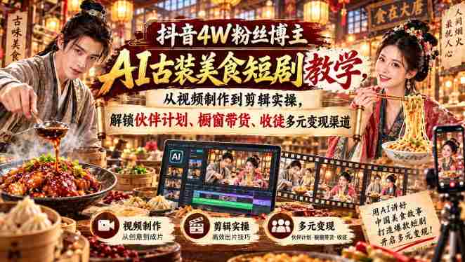 抖音4W粉丝达人揭秘：AI古装美食剧制作全攻略，实操剪辑技巧，解锁多渠道盈利秘籍-有道网创